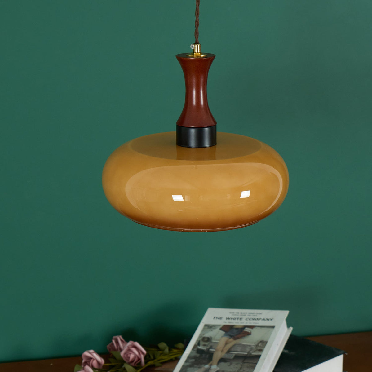 Amber Glass Pendant Light with Metal and Wood Detail, 28 cm