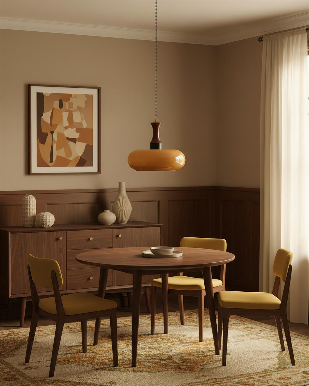 Amber Glass Pendant Light with Metal and Wood Detail, 28 cm