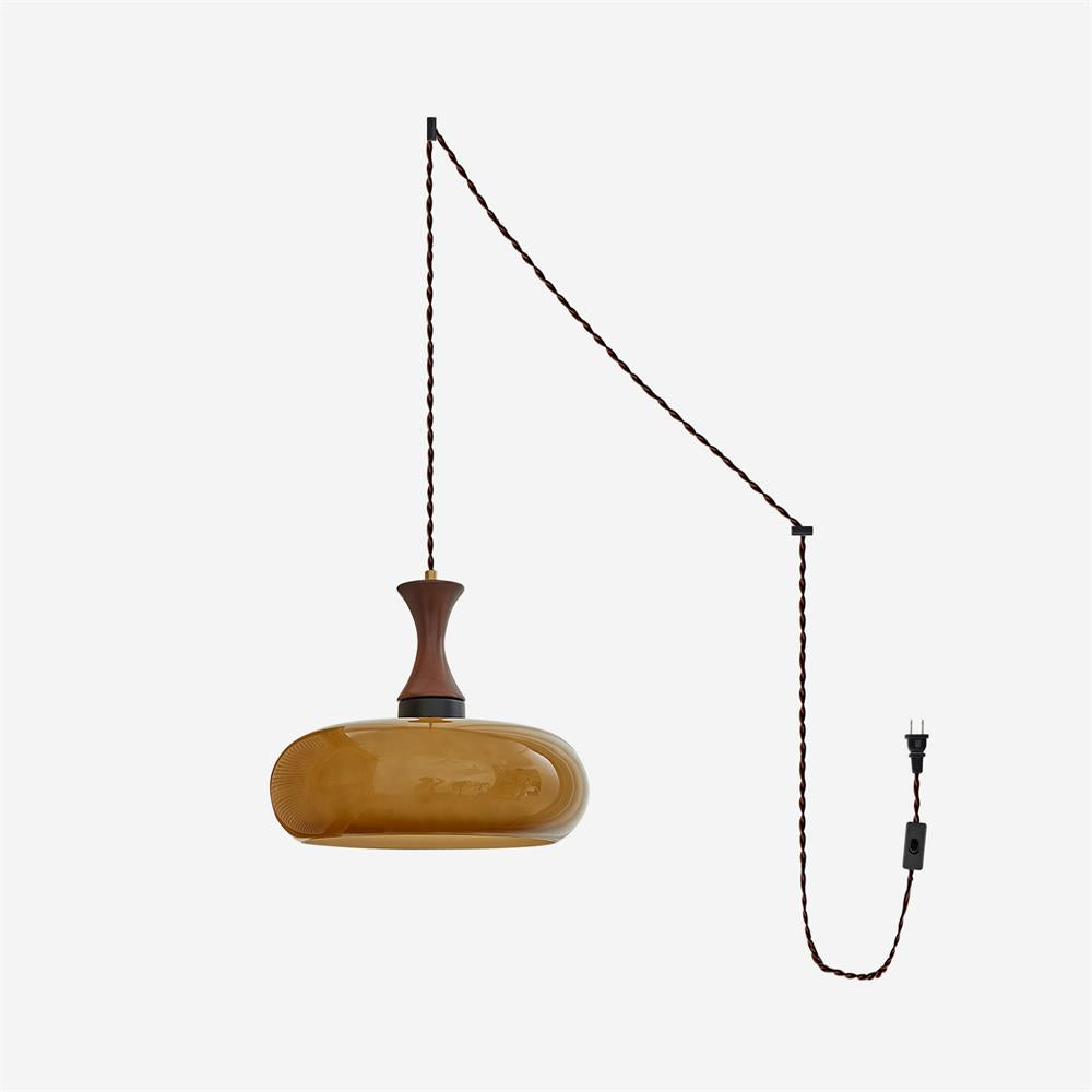 Amber Glass Pendant Light with Metal and Wood Detail, 28 cm
