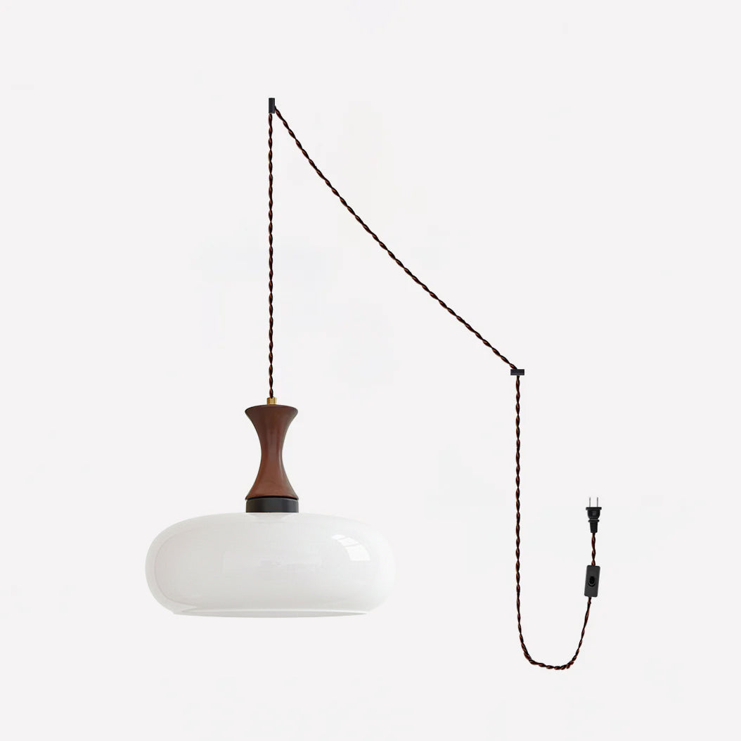 Amber Glass Pendant Light with Metal and Wood Detail, 28 cm