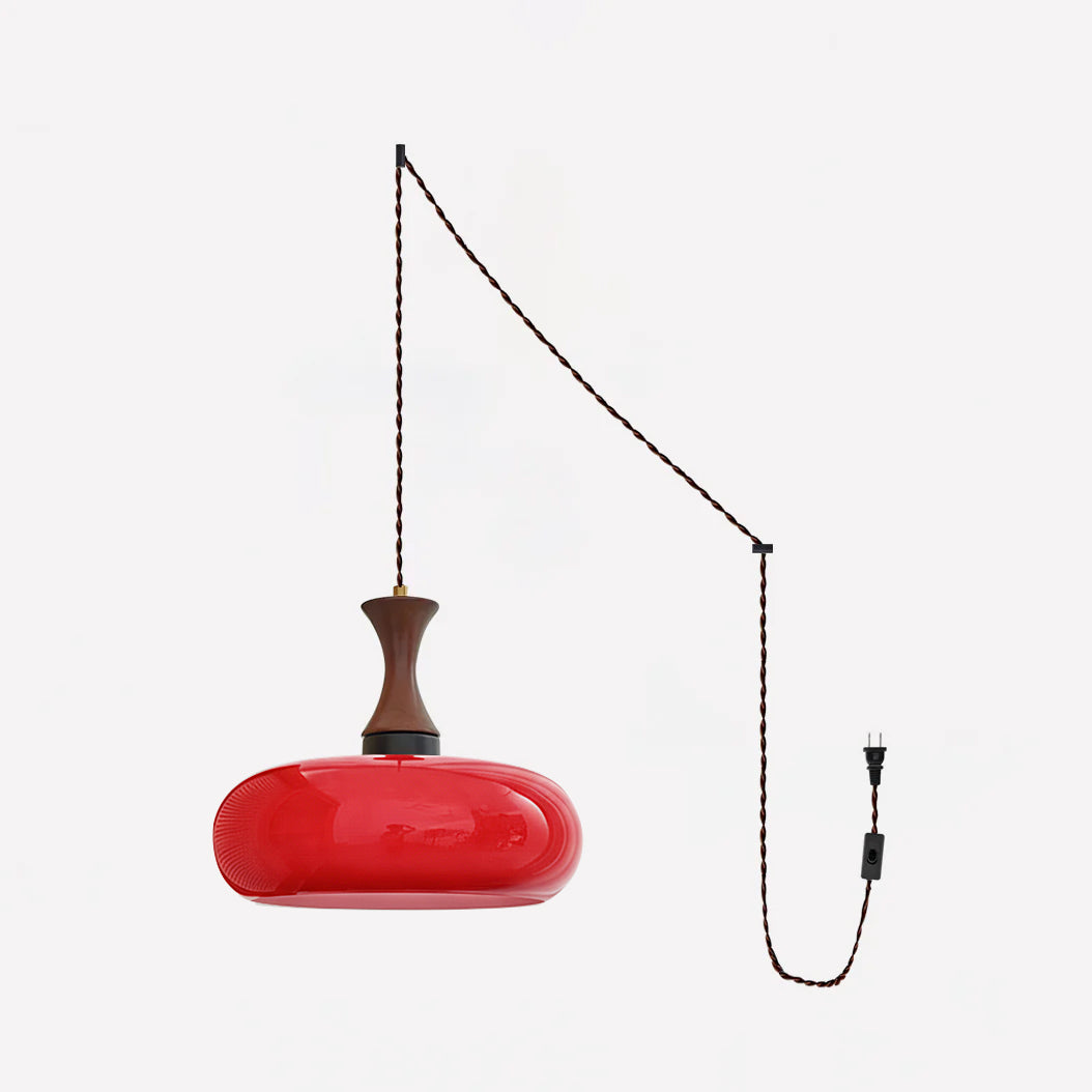 Amber Glass Pendant Light with Metal and Wood Detail, 28 cm