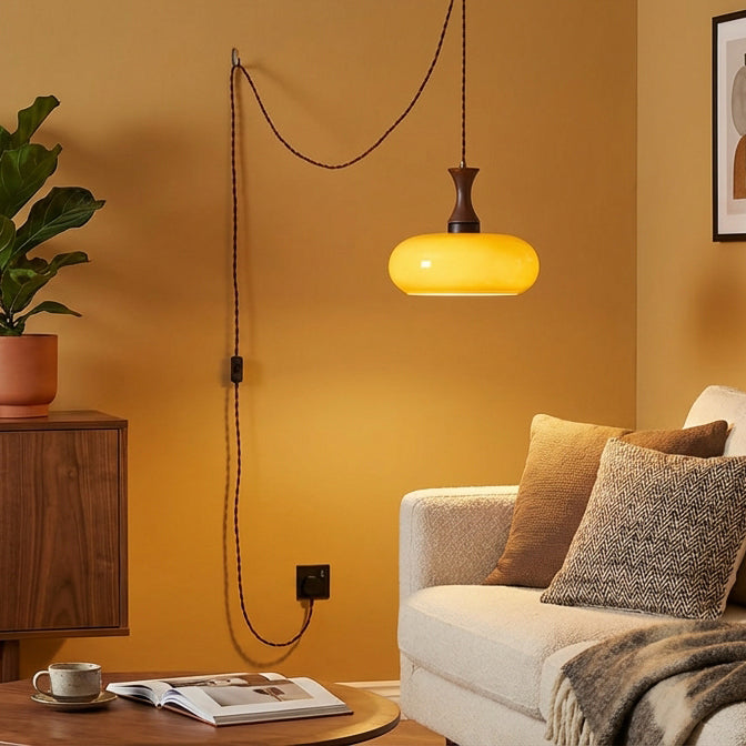 Amber Glass Pendant Light with Metal and Wood Detail, 28 cm