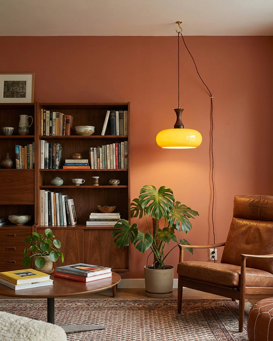 Amber Glass Pendant Light with Metal and Wood Detail, 28 cm
