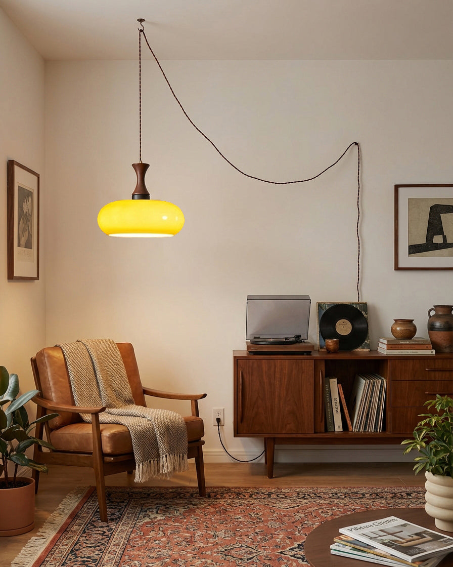 Amber Glass Pendant Light with Metal and Wood Detail, 28 cm