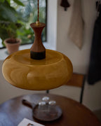 Amber Glass Pendant Light with Metal and Wood Detail, 28 cm