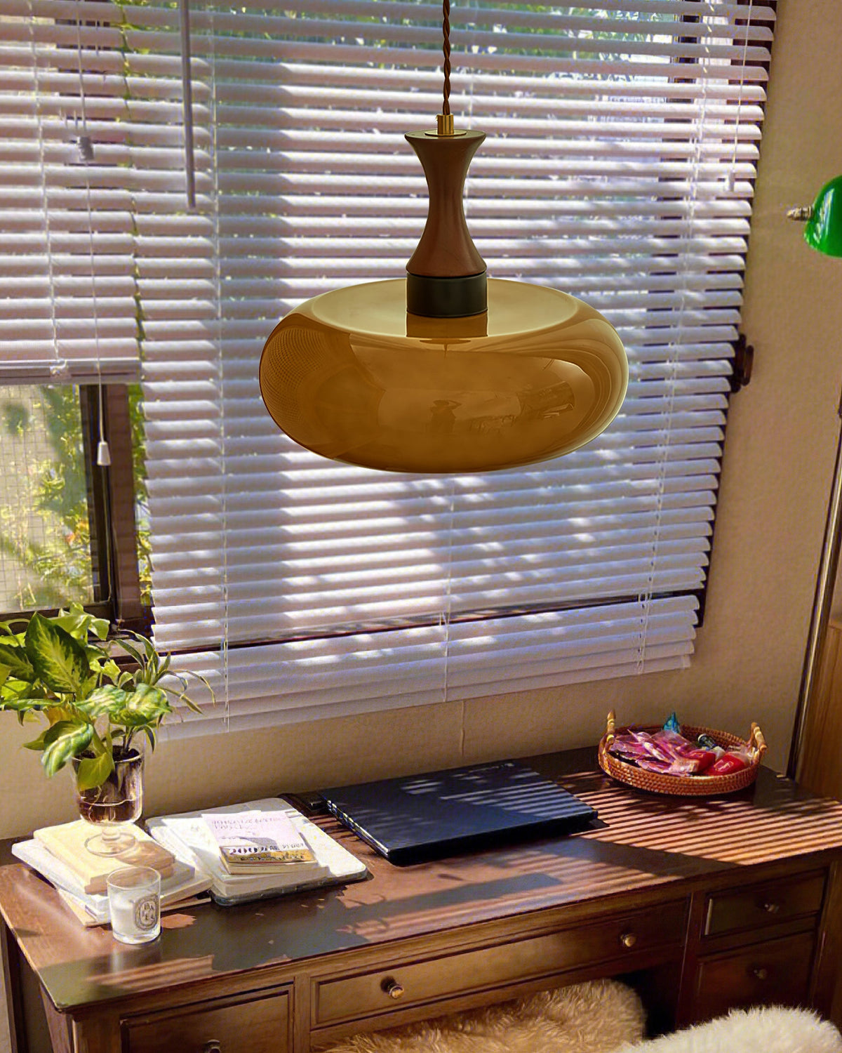 Amber Glass Pendant Light with Metal and Wood Detail, 28 cm