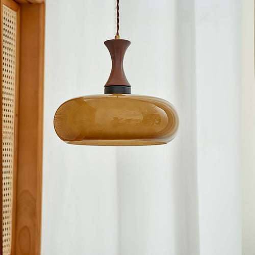 Amber Glass Pendant Light with Metal and Wood Detail, 28 cm