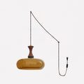 Amber Glass Pendant Light with Metal and Wood Detail, 28 cm