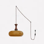 Amber Glass Pendant Light with Metal and Wood Detail, 28 cm