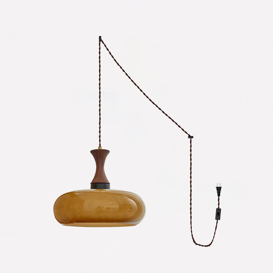 Amber Glass Pendant Light with Metal and Wood Detail, 28 cm