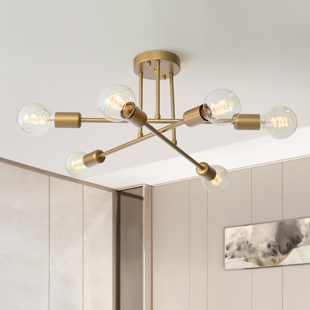 6-Light Sputnik Semi-Flush Chandelier, Gold Effect, 48 cm