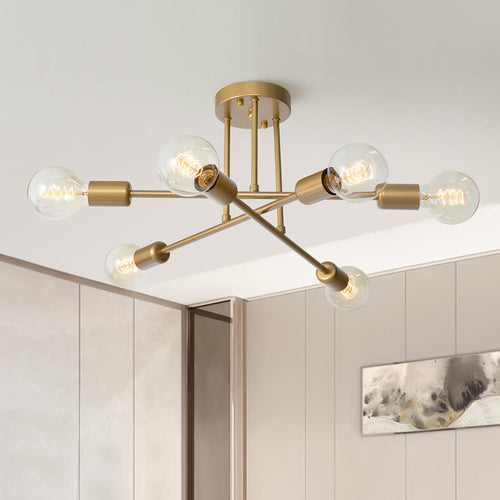 6-Light Sputnik Semi-Flush Chandelier, Gold Effect, 48 cm