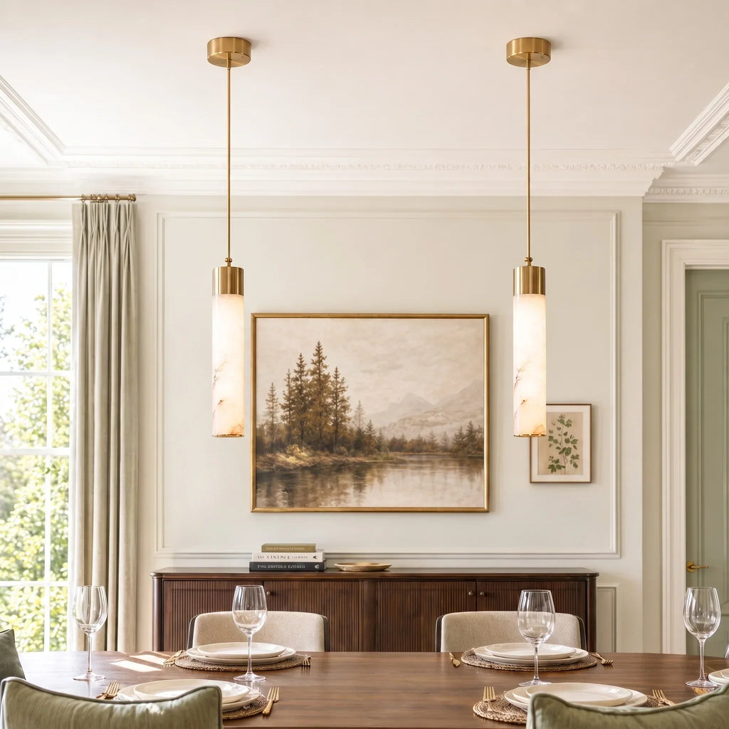 Alabaster Tube Pendant Light with Brass Finish, 12W LED