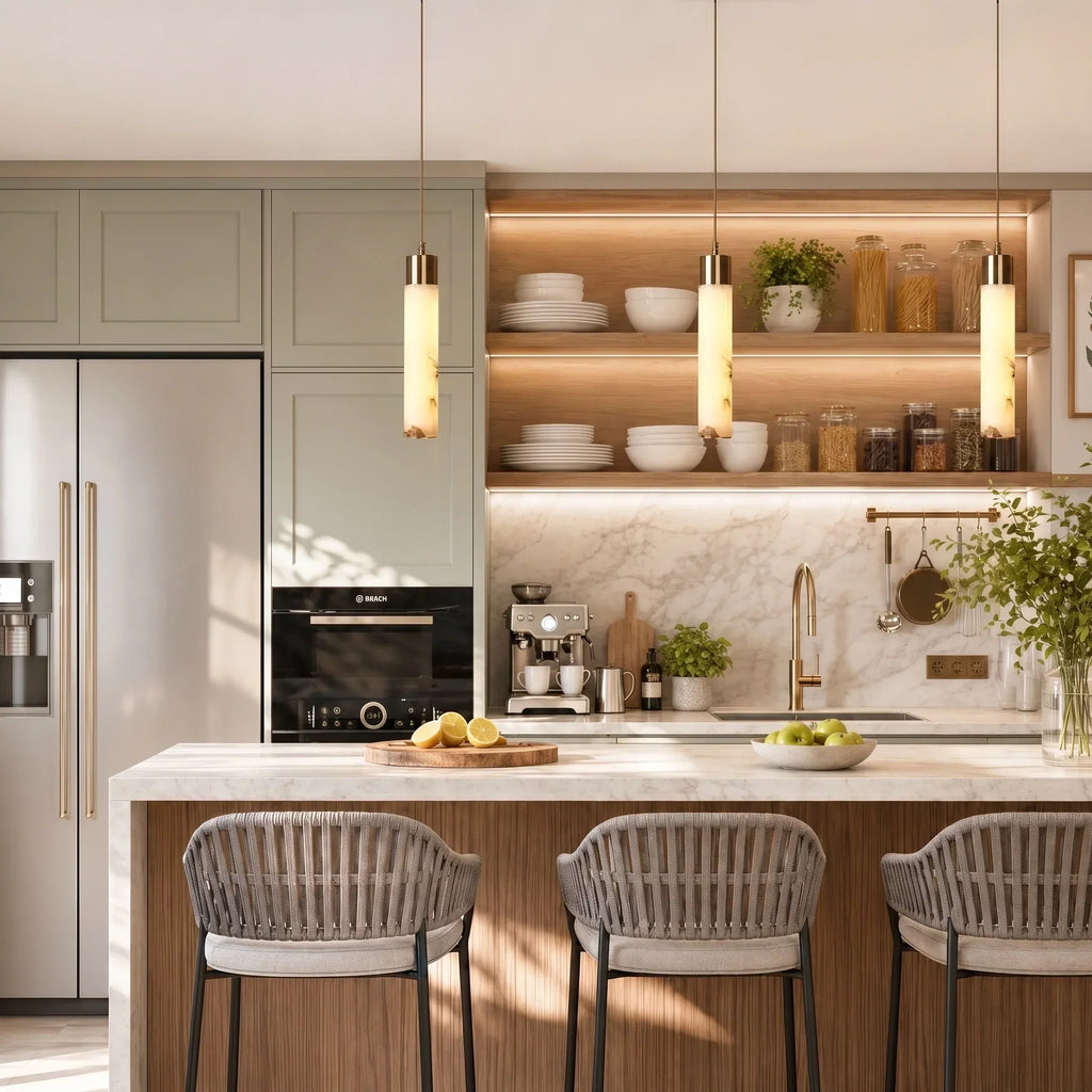 Alabaster Tube Pendant Light with Brass Finish, 12W LED