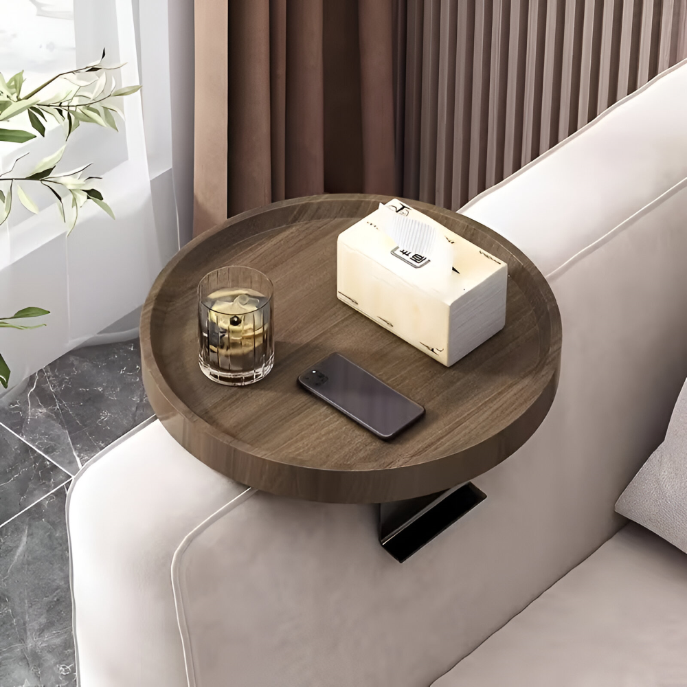 Clip-On Sofa Arm Table, Round 30cm Wood-Effect Side Tray