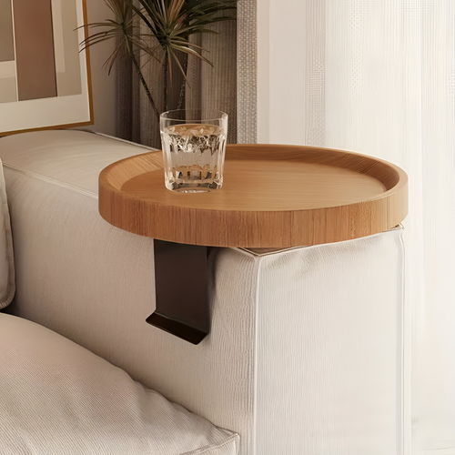 Clip-On Sofa Arm Table, Round 30cm Wood-Effect Side Tray