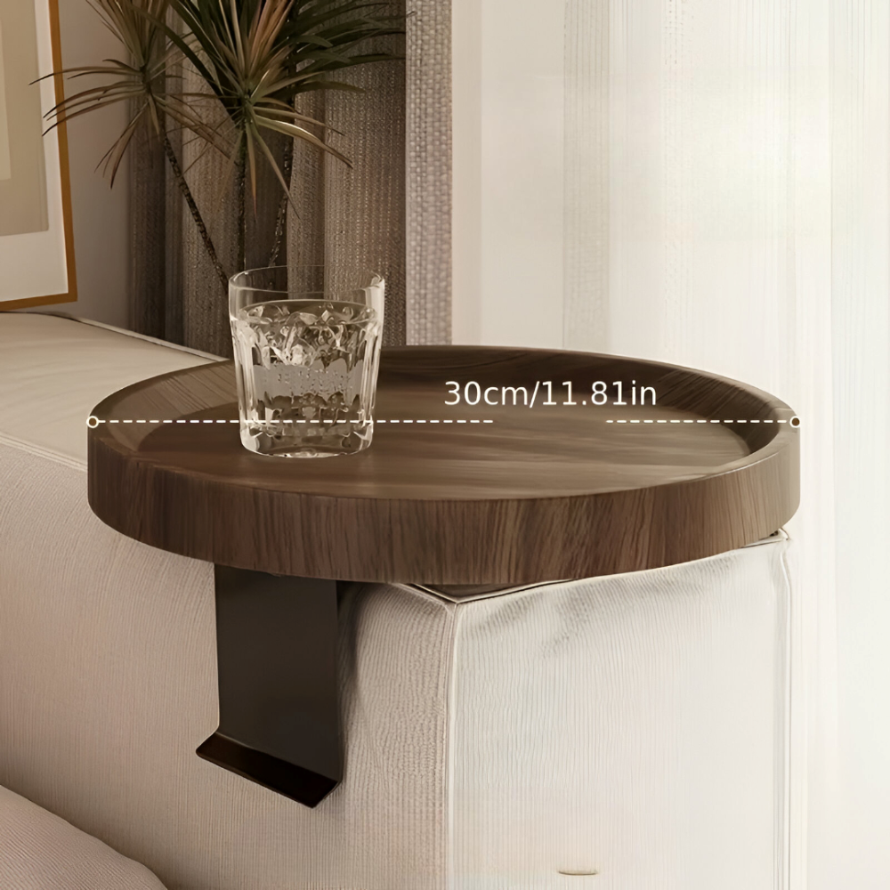 Clip-On Sofa Arm Table, Round 30cm Wood-Effect Side Tray