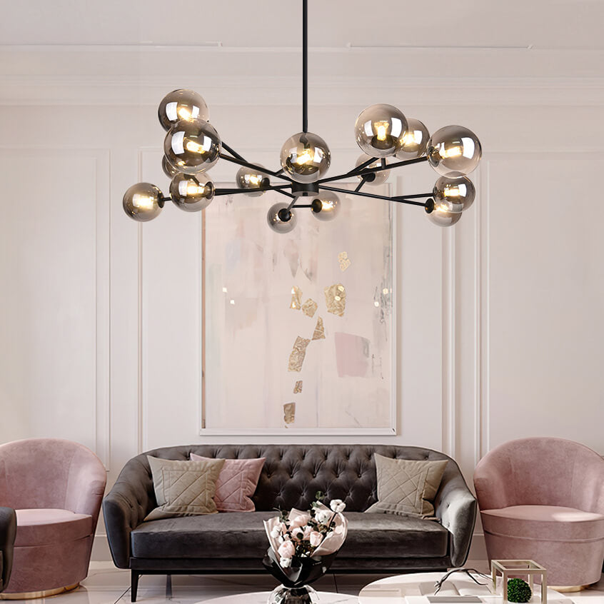 15-Light Glass Globe Pendant 112cm, Brass or Black Finish