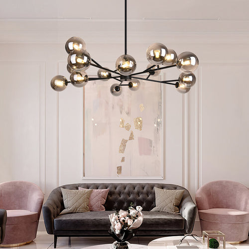 15-Light Glass Globe Pendant 112cm, Brass or Black Finish