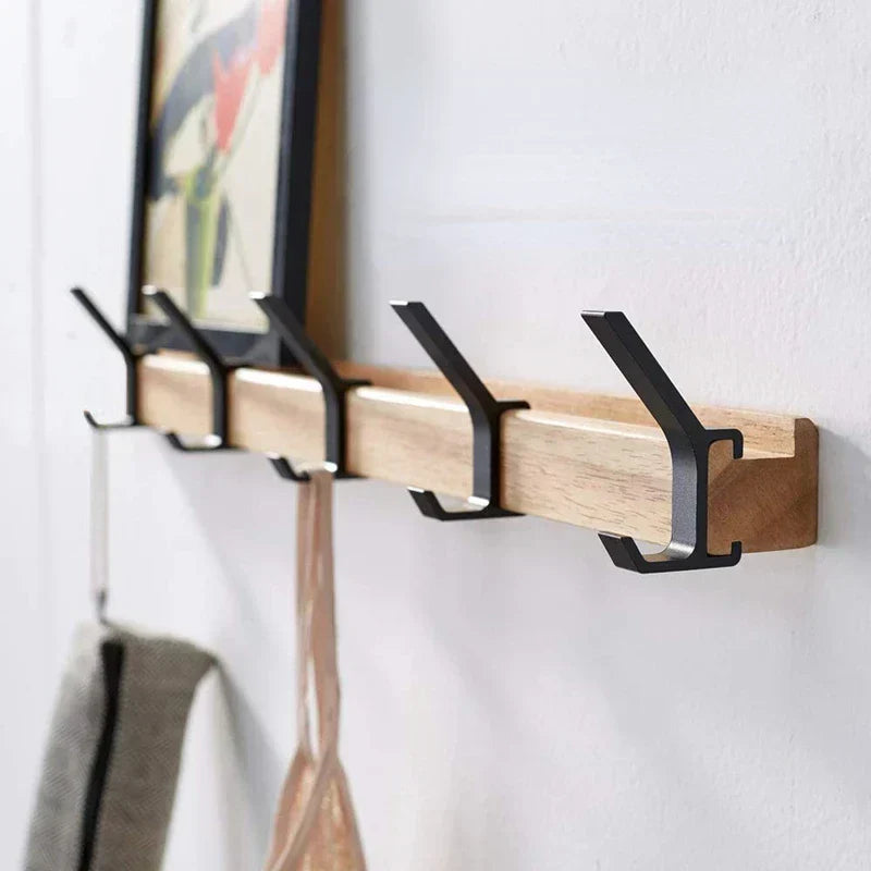 Wooden Wall Coat Rack with Five Swivel Hooks, 40 cm