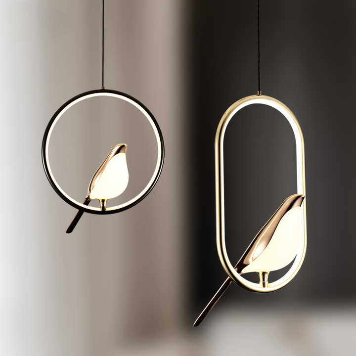 Glass Pendant Light with Gold Bird Sculpture, Oval or Round