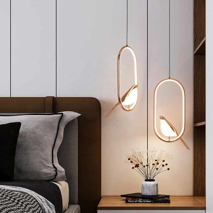 Glass Pendant Light with Gold Bird Sculpture, Oval or Round