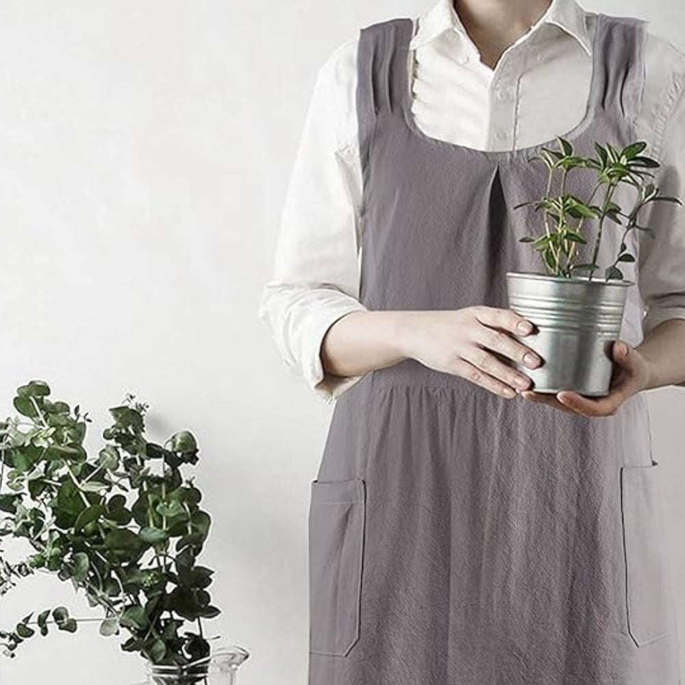 Cross-Back Linen Cotton Apron with Two Deep Front Pockets