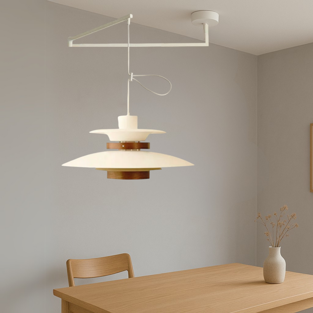Swing Arm Pendant Light in Metal and Wood, 4 Shades