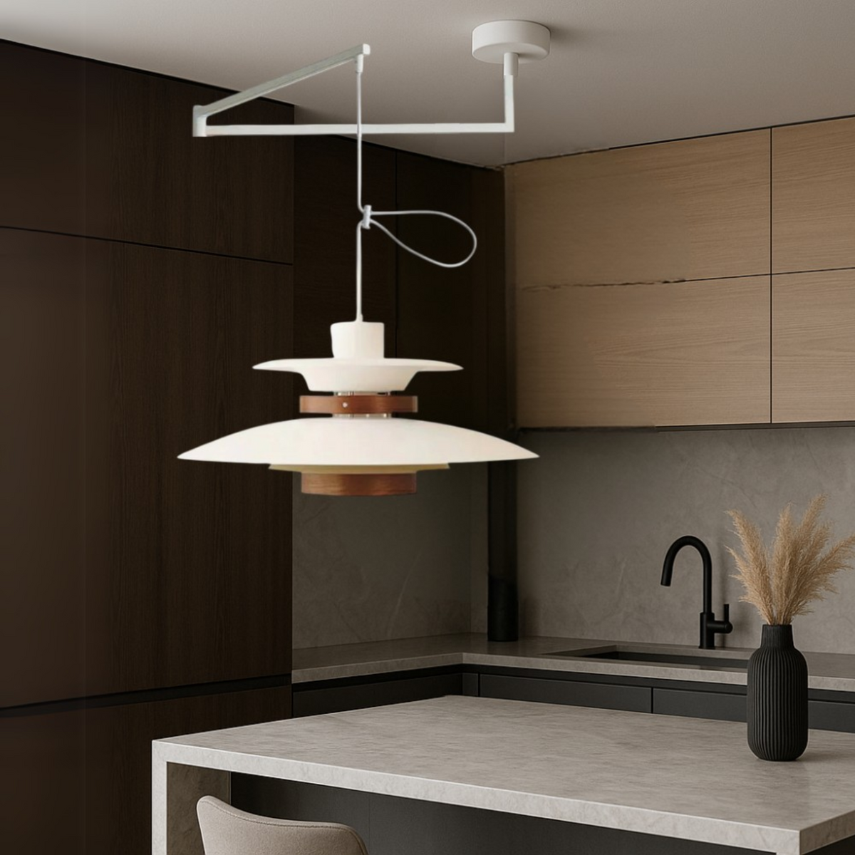 Swing Arm Pendant Light in Metal and Wood, 4 Shades