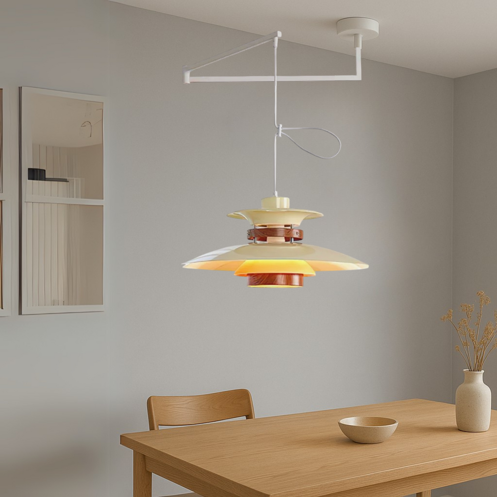 Swing Arm Pendant Light in Metal and Wood, 4 Shades