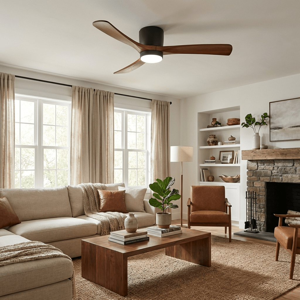 Scandi Wood Ceiling Fan with LED Light, 106 cm, Remote Control