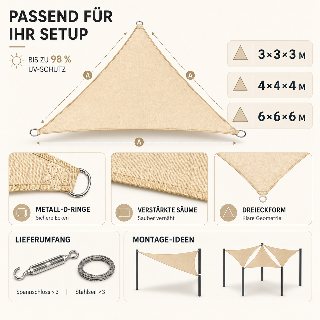 Triangular Waterproof Shade Sail with UV Protection, 3 x 3 x 3m