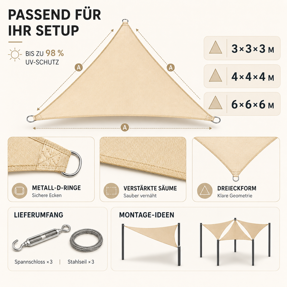 Triangular Waterproof Shade Sail with UV Protection, 3 x 3 x 3m