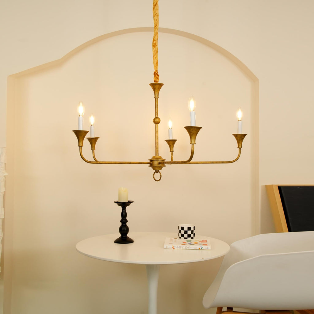 Brass Candle Chandelier with 5 or 6 Arms, E14, Six Finishes