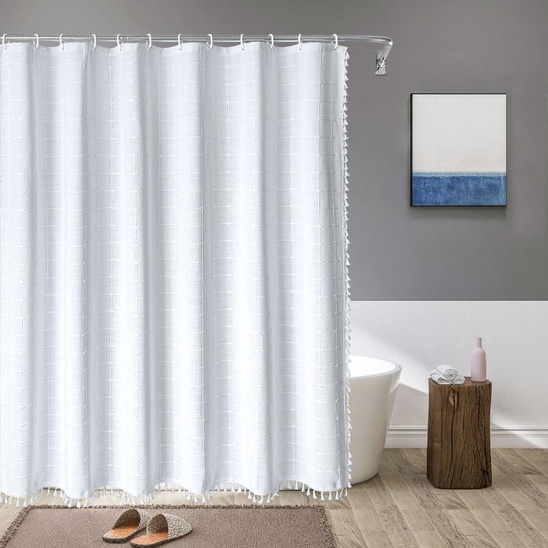 Boho Tasselled Shower Curtain, Waterproof Linen-Weave Jacquard