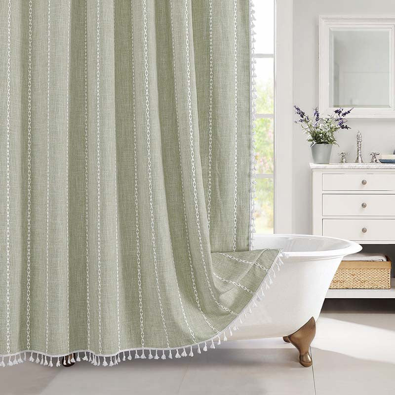 Boho Tasselled Shower Curtain, Waterproof Linen-Weave Jacquard
