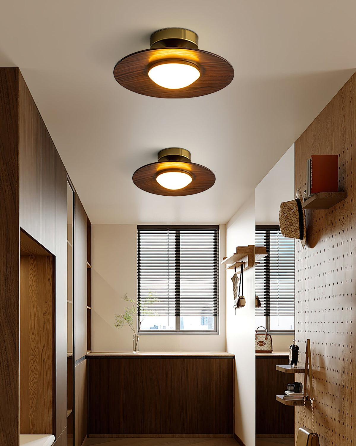 Low Profile Flush Ceiling Light, Walnut and Gold, 23.9 cm