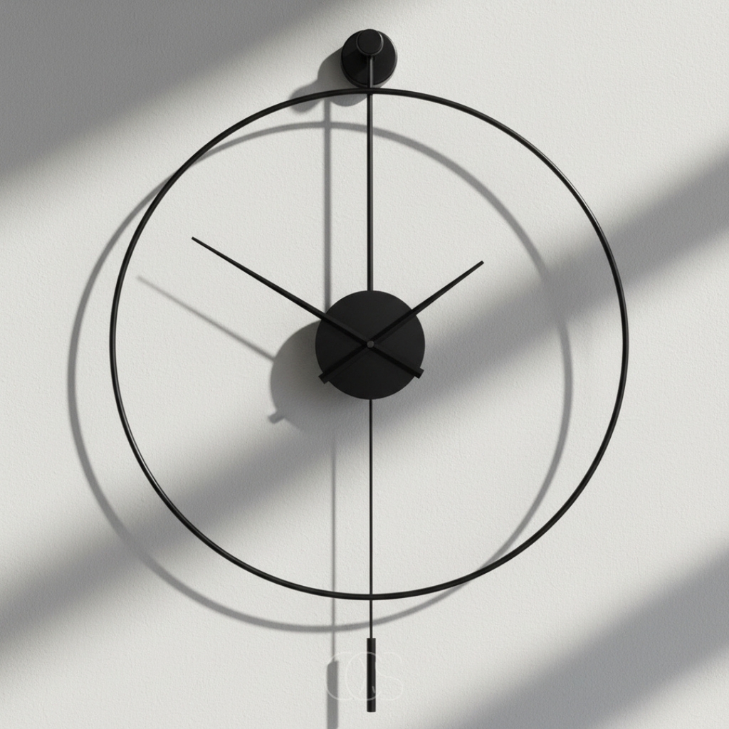 Large Silent Wall Clock, 50 cm, Black Metal with Pendulum