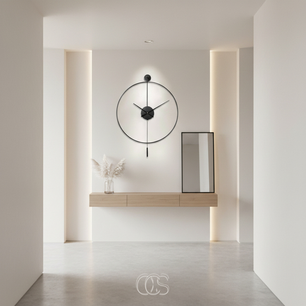 Large Silent Wall Clock, 50 cm, Black Metal with Pendulum