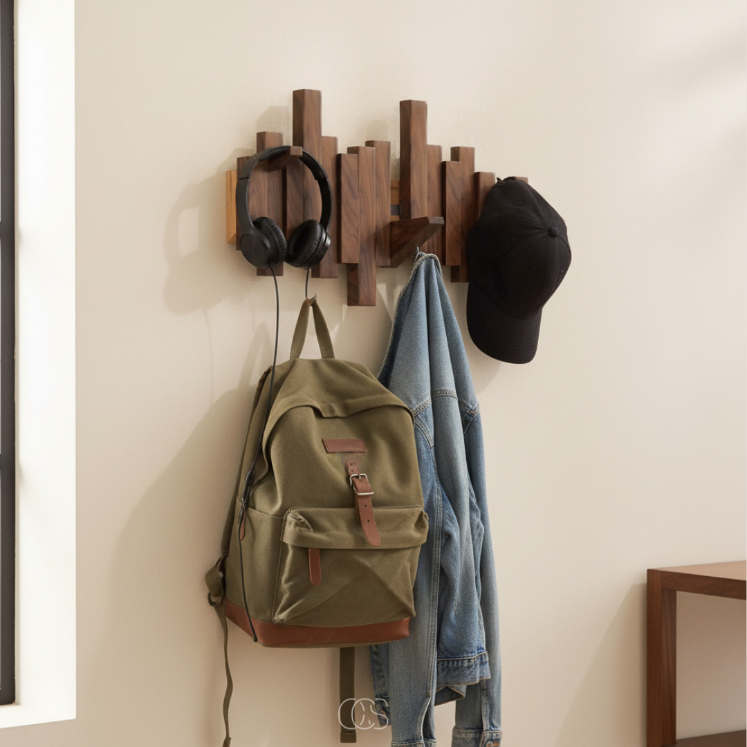 Folding Wall Coat Rack in Solid Wood, Piano Key Design