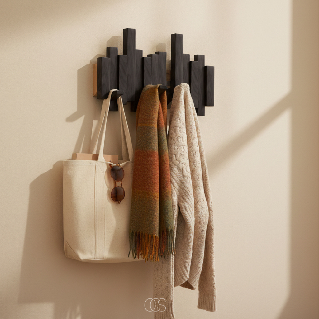 Folding Wall Coat Rack in Solid Wood, Piano Key Design