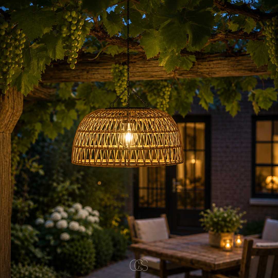 Woven Rattan-Look Solar Pendant Light, 30 cm, Warm White