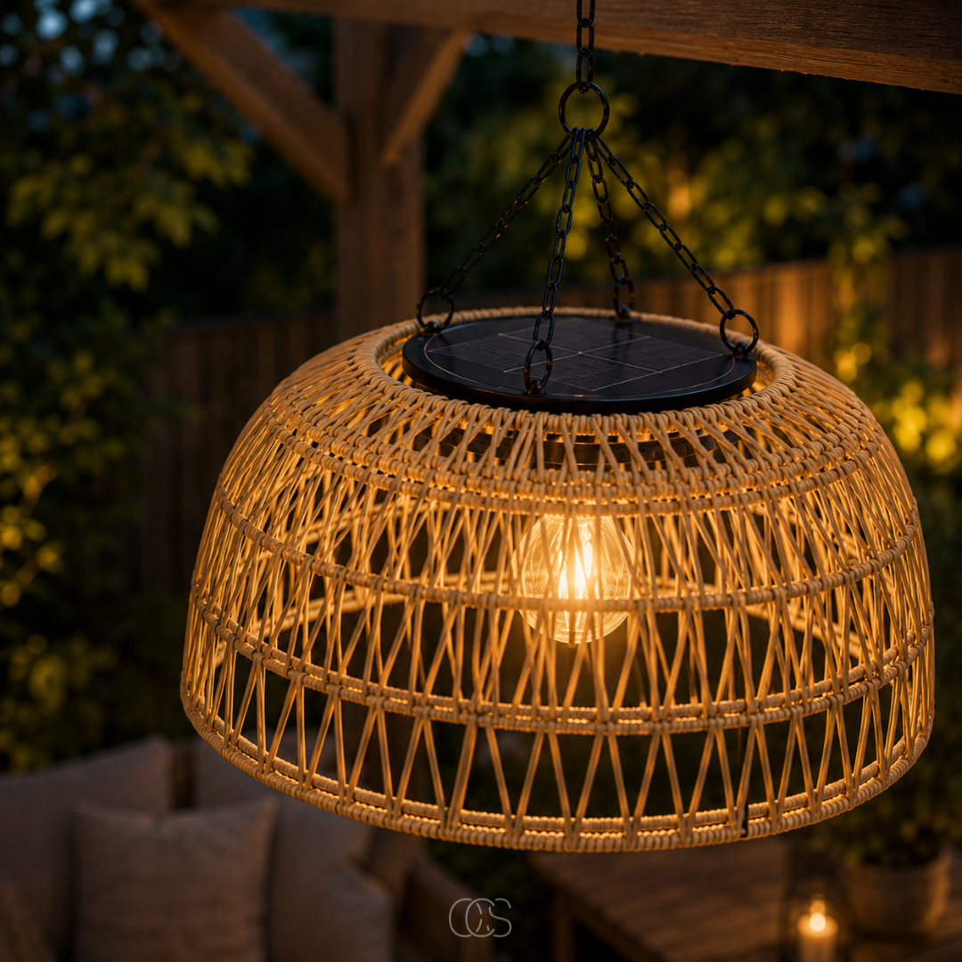 Woven Rattan-Look Solar Pendant Light, 30 cm, Warm White