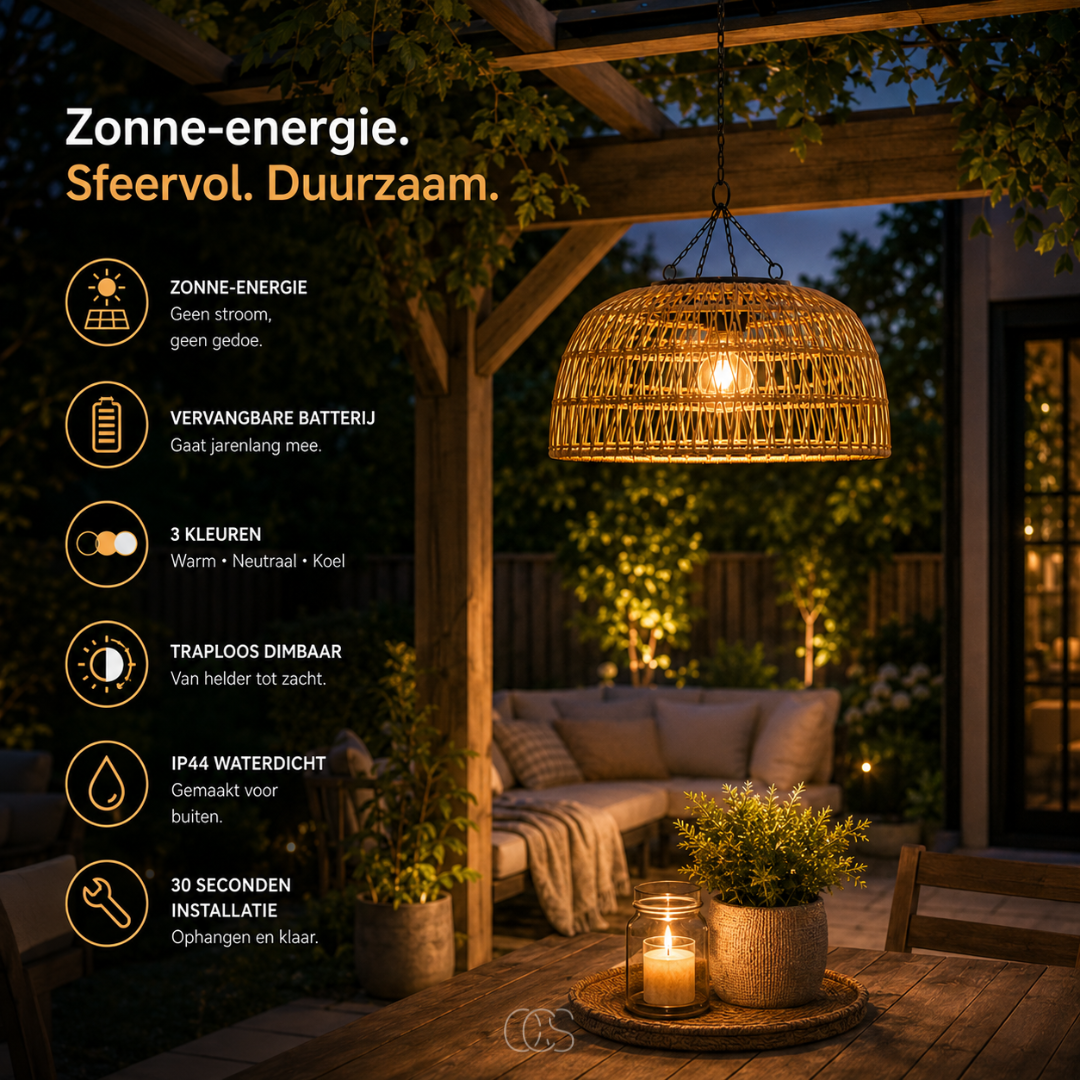 Woven Rattan-Look Solar Pendant Light, 30 cm, Warm White