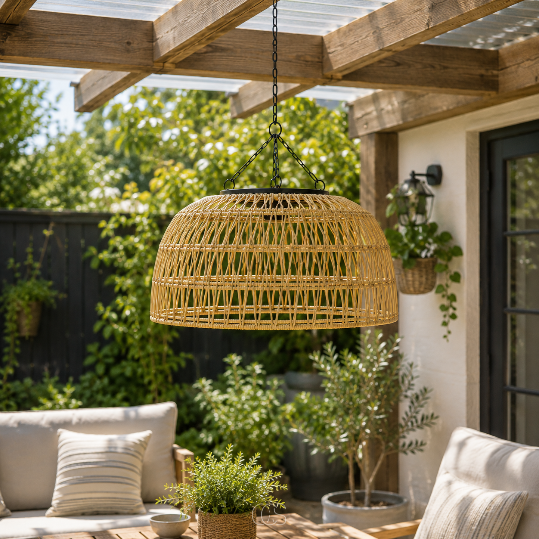 Woven Rattan-Look Solar Pendant Light, 30 cm, Warm White