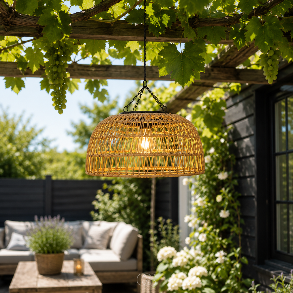Woven Rattan-Look Solar Pendant Light, 30 cm, Warm White