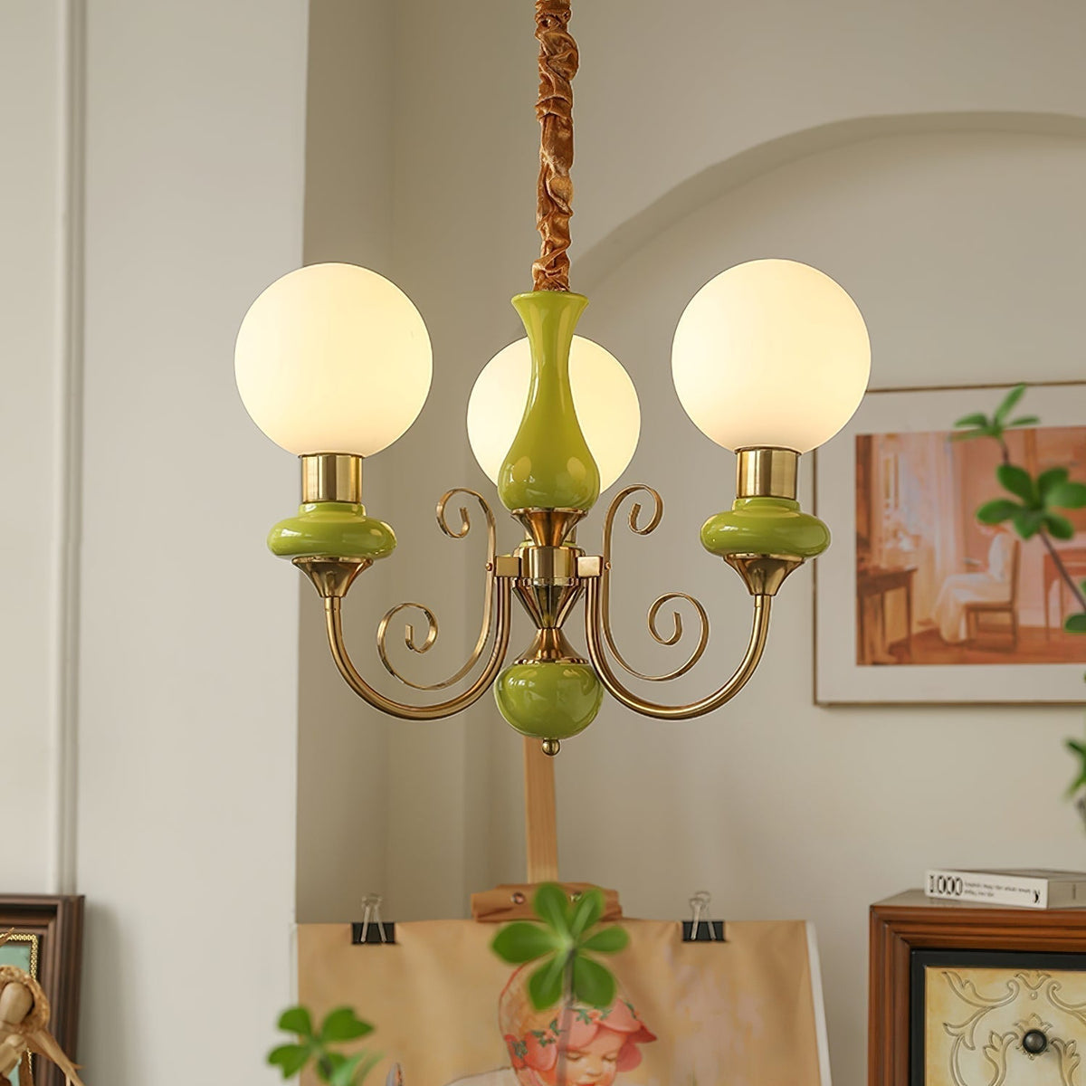 Glass and Iron Chandelier, 3, 5 or 8 Lights, Green Finish