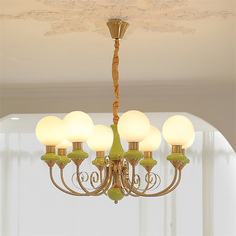 Glass and Iron Chandelier, 3, 5 or 8 Lights, Green Finish
