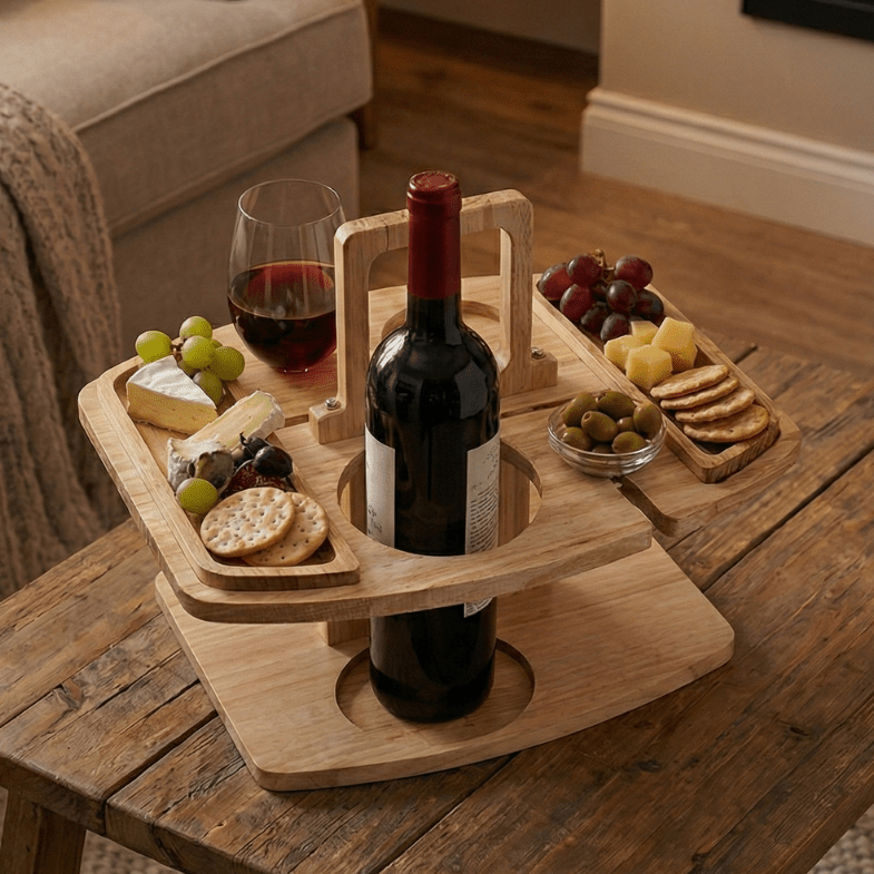 Portable Wooden Picnic Table with Bottle and Snack Slots