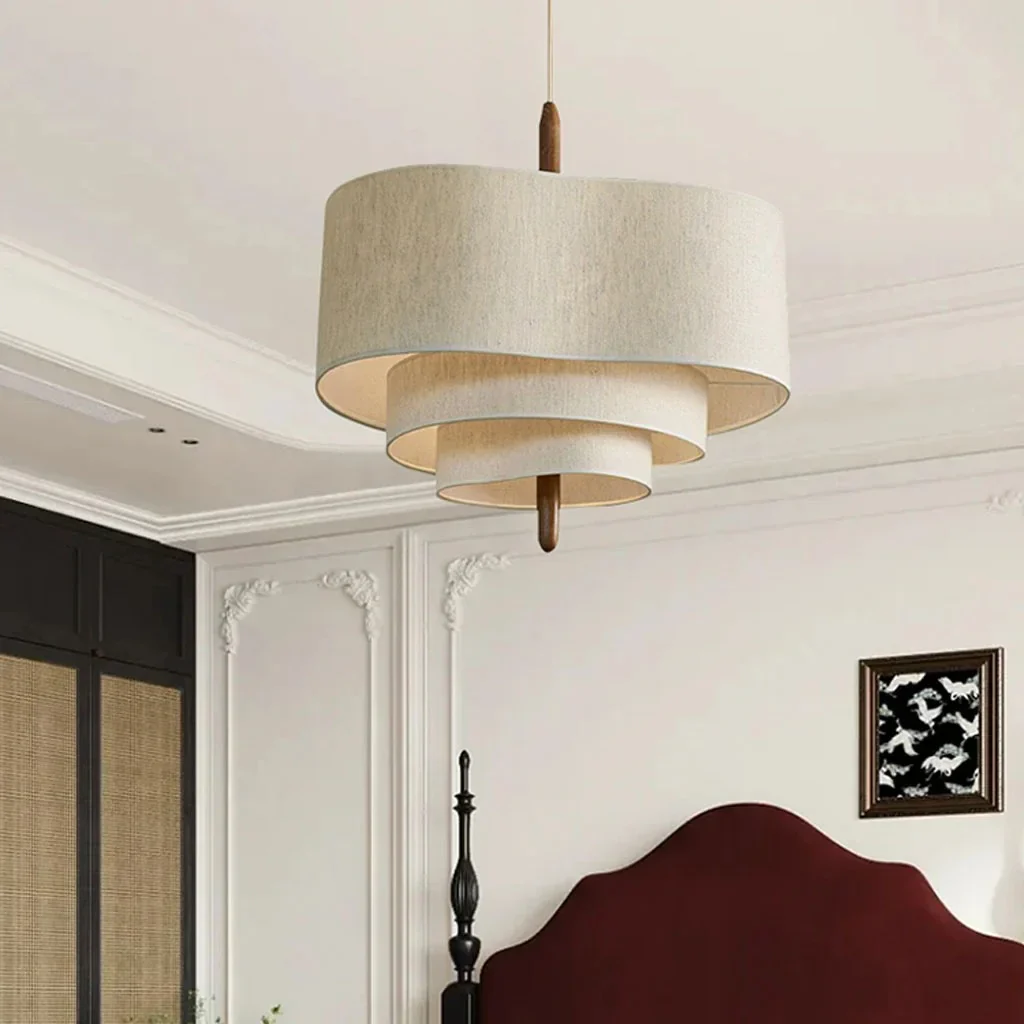 Japandi Fabric Pendant Light with Wood and Metal, Two Sizes